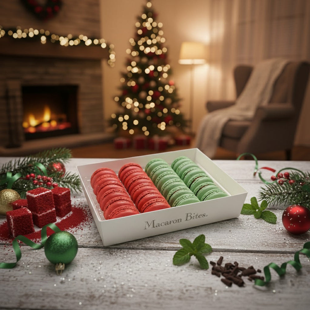 French Macarons Holiday Cookies Assortment Gift Box – Red Velvet & Mint Chocolate - 24 Count